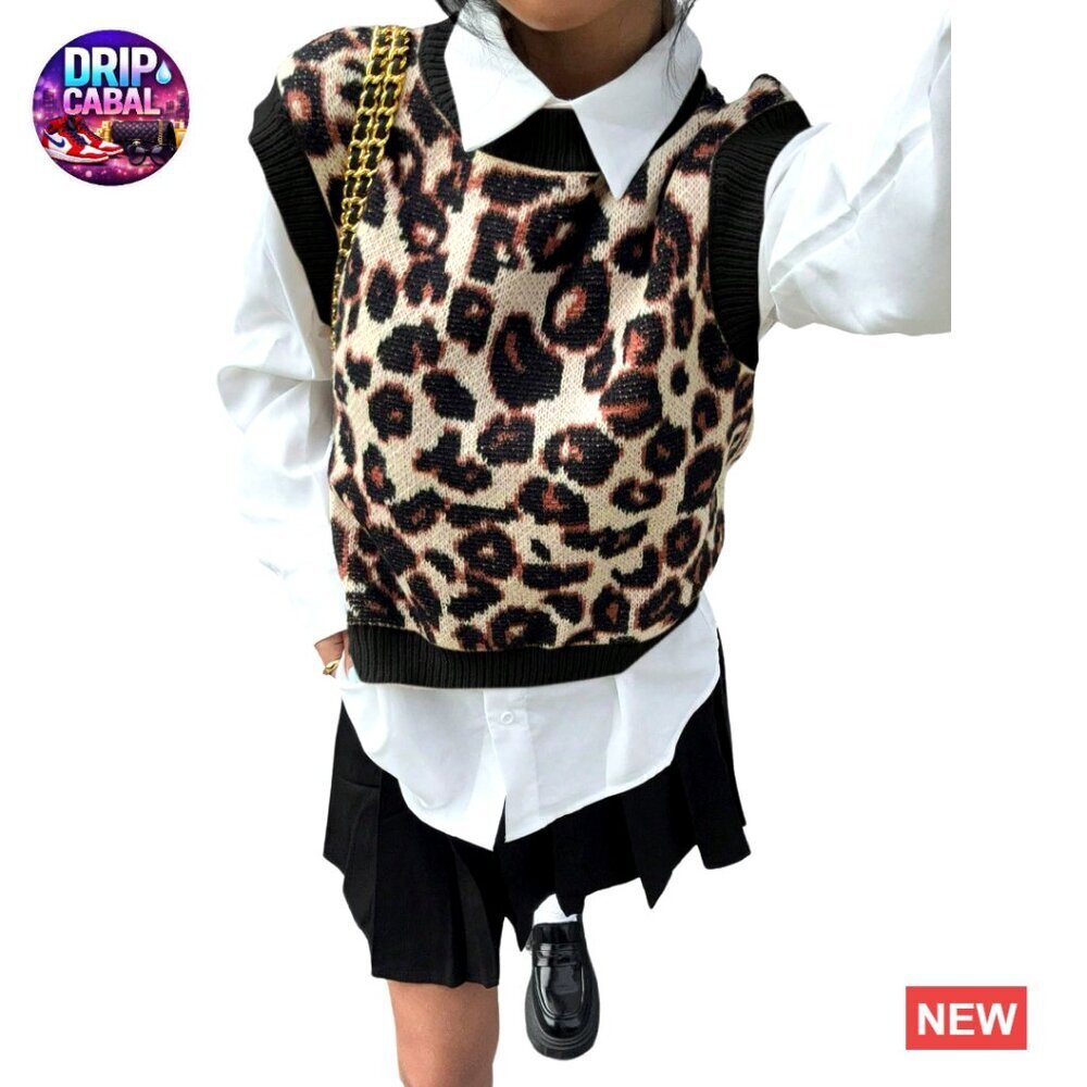 Leopard Print Color Block Sweater Vest Crop Sleeveless Pullover Knit Y2K